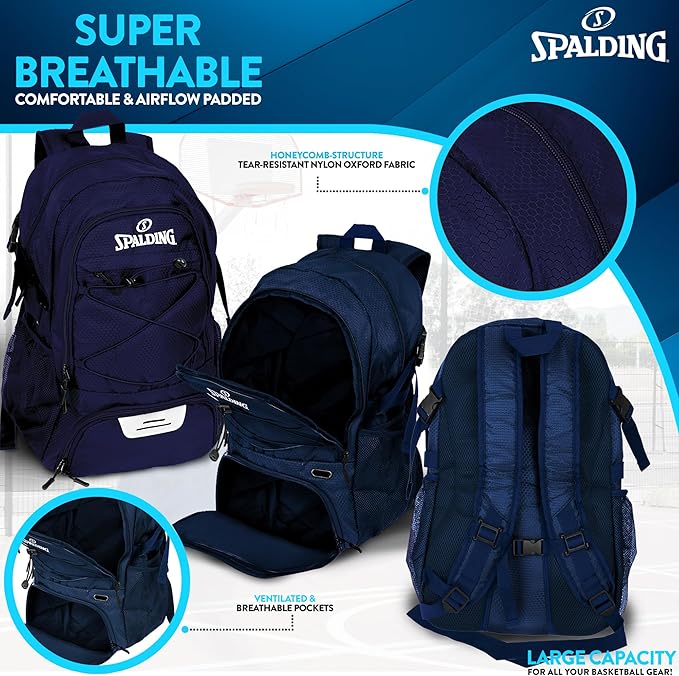 Spalding Basketball Backpack Sports Bag | Large Black Backpack with Shoe and Ball Compartment | Gifts for Basketball Players