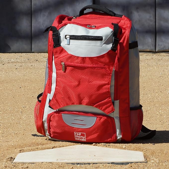 Baseball Backpack with Cleat/Shoe Pocket | Large Capacity | 19.5" T x 14" W x 7.5" D | Holds 4 Bats | External Helmet Storage | 3 Extra Zipper Pockets for Sunglasses, Seeds, Cell Phone (Red/Gray)