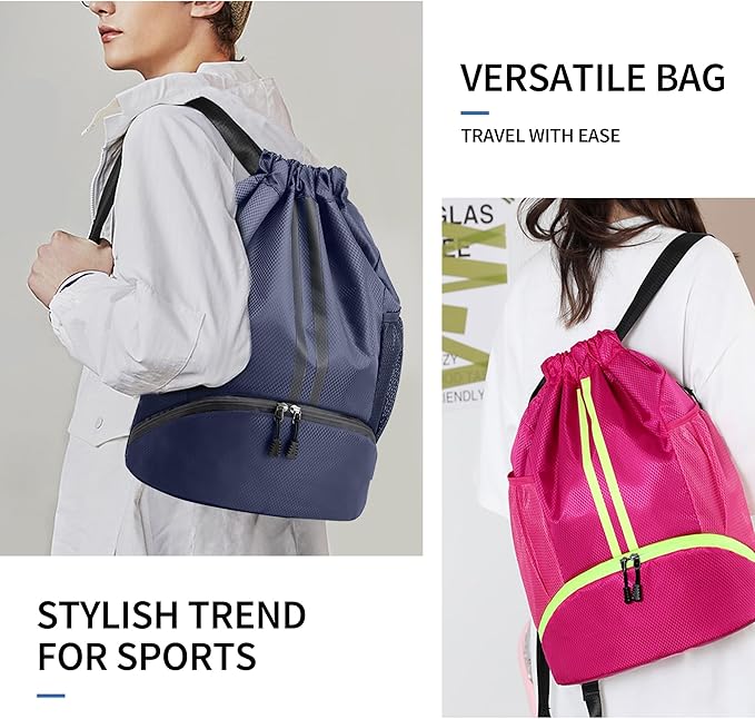 Drawstring Backpack Gym Bag with Shoes Compartment for Soccer, Basketball, Swim, Water-Resistant String Backpack Beach Cinch for Women Men, Navy Blue