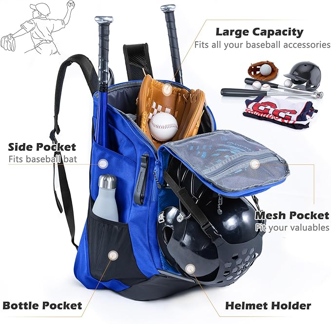| Baseball Bag Softball Bat Bag, Double-layer Baseball Backpack Adult with Gear Klip To Hold Baseball Glove, Baseball Essential Gear, Youth Baseball Bag for Boys, Girls, Baseball Accessories
