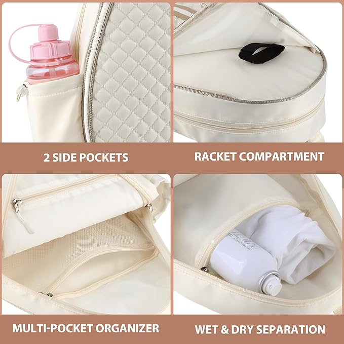 Tennis Racket Bag, Tennis Bags for Women, Quilted Sling Crossbody Backpack with Hook, Water Resistant Tennis Racket Cover for Pickleball, Racketball