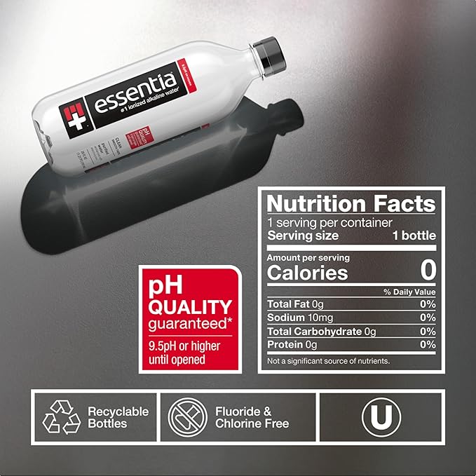 Essentia Water LLC, Ionized Alkaline Bottled Water; 99.9% Pure, Infused with Electrolytes, 9.5 pH or Higher a Clean, Smooth Taste, 20 Fl Oz (Pack of 24)