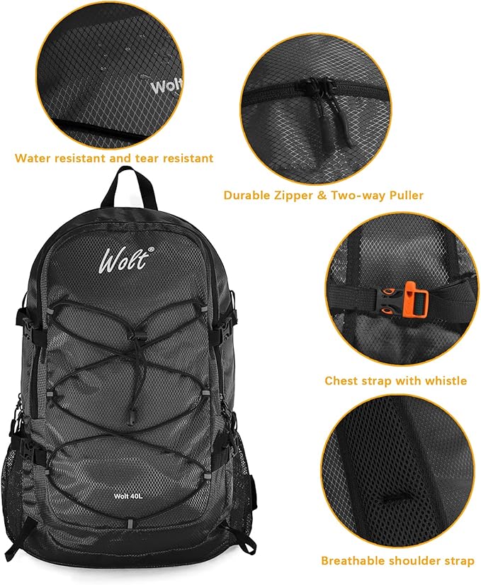 WOLT 40L Packable Travel Backpack, Foldable Lightweight Backpack for Men Women,Waterproof Hiking Bag for Outdoor Camping (Black)