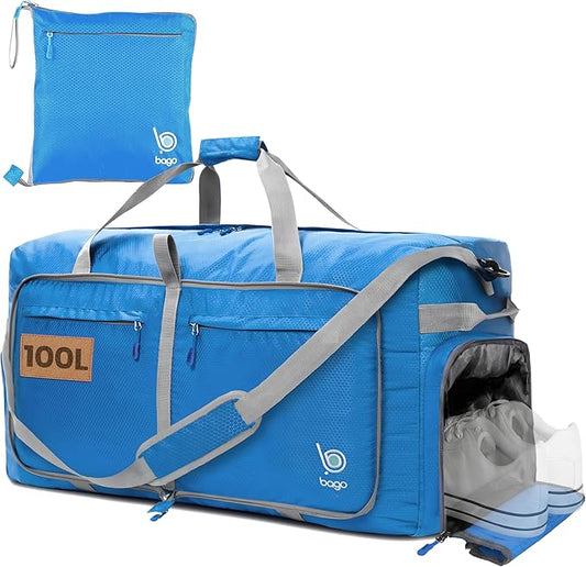Bago Large Foldable Duffel Bags for Traveling Women & Men - 100L Packable Duffle Bag for Travel with Shoe Compartment - Water Repellant, Heavy Duty, Lightweight Folding & Collapsible (Blue)