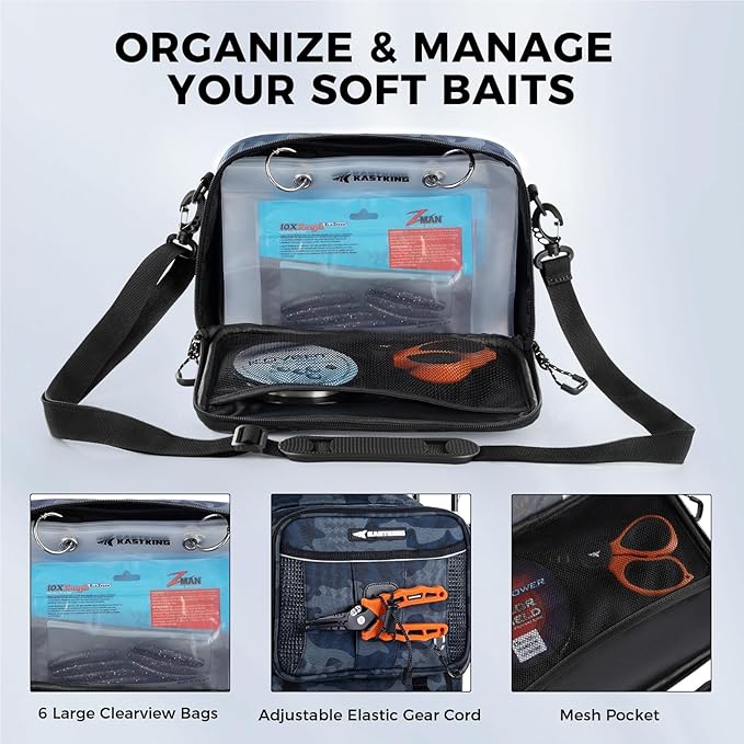 KastKing BaitSpace Detachable Bait Binder Tackle Bag – Large Clear Sleeves, Durable 900D Water-resistant Fabric, Soft Plastic Bait Storage For Hooks, Sinkers & Fishing Accessories