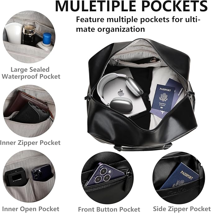 Weekender Bag for Women Men, Large Overnight Bag Faux Leather Travel Duffel Bag with Shoe Compartment Toiletry Packing Cube Carry On Bag Fit 21" Laptop 3Pcs Set (4PCS Black)