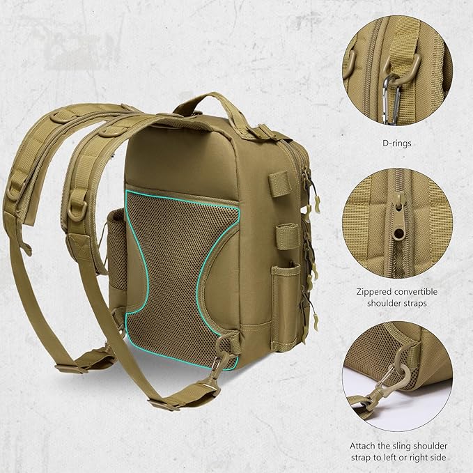 BASSDASH Convertible Fishing Backpack Sling Bag with Rod Holder, Adjustable Tactical Water-Resistant Tackle Storage Pack FP07