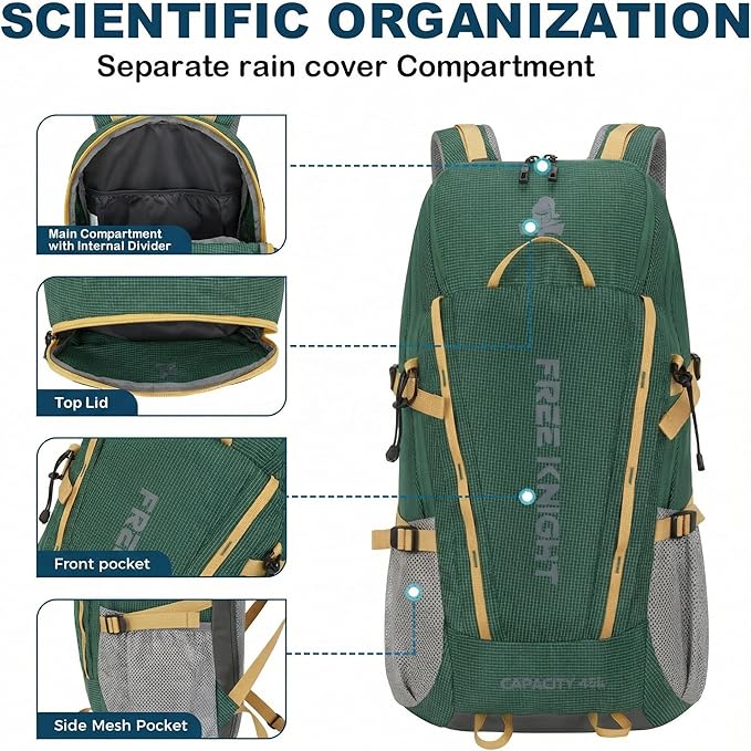 Bseash 45L Waterproof Hiking Camping Backpack with Rain Cover, Outdoor Sport Travel Bag Daypack for Climbing Skiing Cycling (Green)