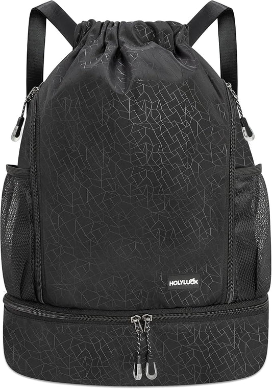 HOLYLUCK Drawstring Backpack with Shoe Compartment, Gym Bag Backpack for Men Women, Cinch Swim Beach Bag String Sports Bag for Soccer and Basketball, Black