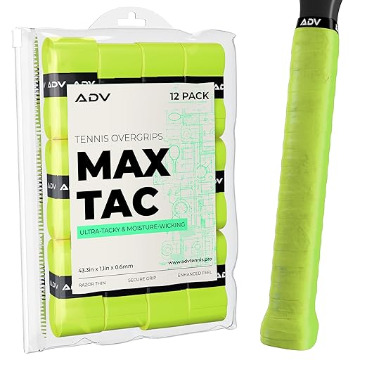 ADV MaxTac Tacky Tennis Overgrip - 12 Pack Extremely Sticky Non-Slip Tennis Grips Overgrip - Razor-Thin & Easy to Use Pro Tennis Racquet Grip Tape (12-Pack Volt)