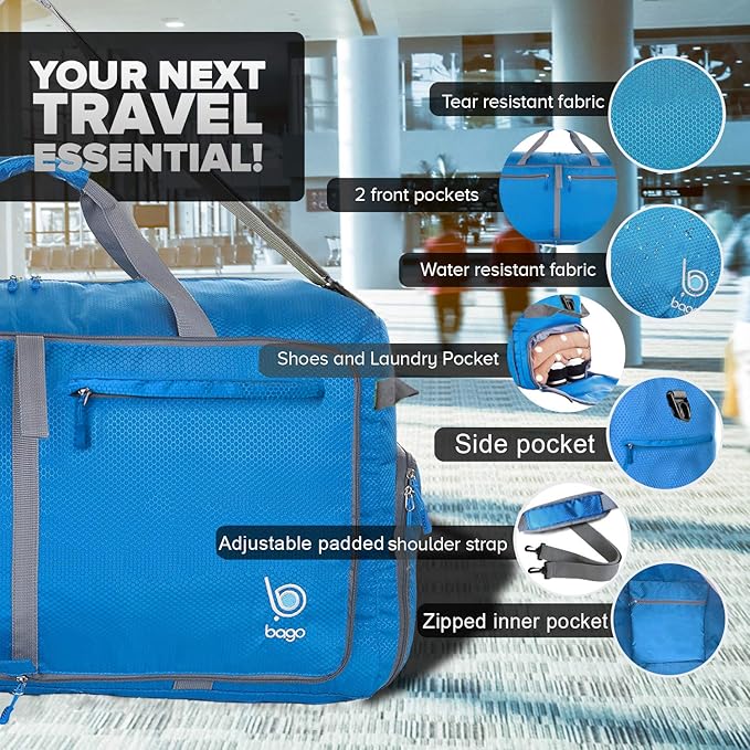 Bago Large Foldable Duffel Bags for Traveling Women & Men - 100L Packable Duffle Bag for Travel with Shoe Compartment - Water Repellant, Heavy Duty, Lightweight Folding & Collapsible (Blue)