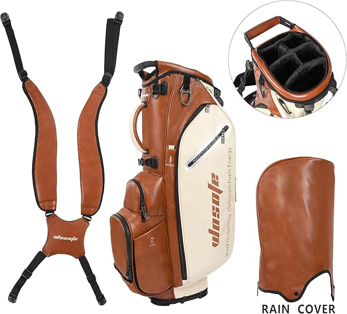 WOSOFE PU Golf Bag with 6/14 Way Top Dividers Automatically Adjustable Dual Straps Elegant Design for Men Women Pu Golf Stand Bag with Multiple Pockets