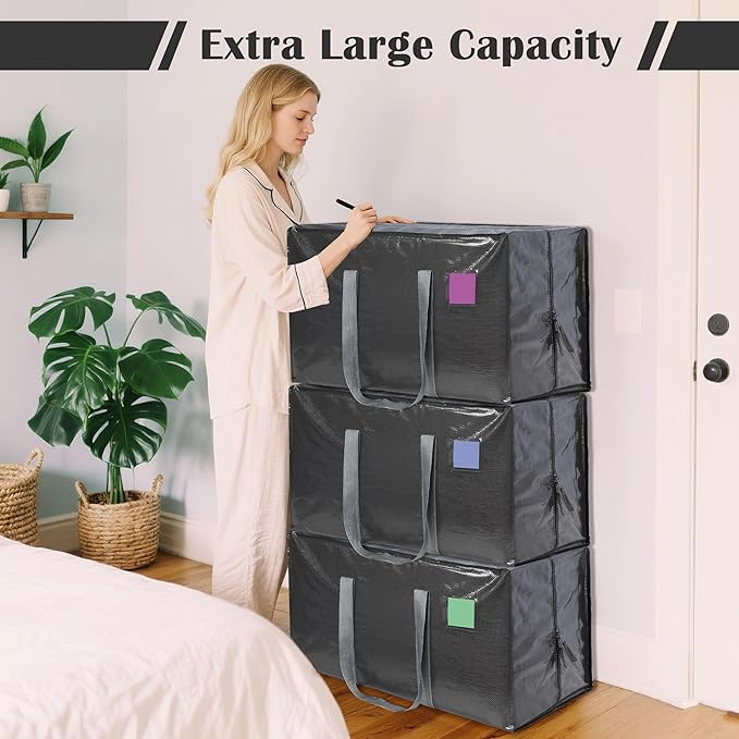 6 Pack Extra Heavy Duty Large Moving Bags with Reinforced Zipper & Wide Handles, Waterproof Storage Bins for Clothes, College Dorm, Travel, and Home Organization, Gray
