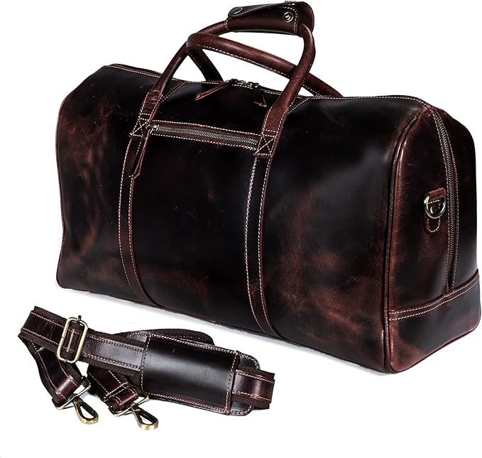 21 Inch Genuine Buffalo Leather Travel Duffle Bag | Overnight Weekend Leather Bag | Sports Gym Duffel for Men| Airplane Under Seat Carry on Bags (brown)