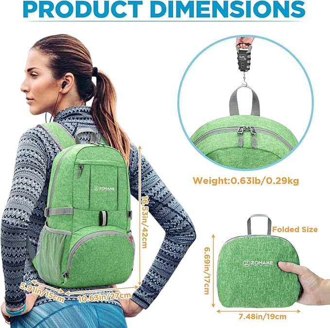 ZOMAKE Ultra Lightweight Packable Backpack 25L,Small Foldable Backpacks Hiking Water Resistant Collapsible Daypack for Women Men(Dark Green-B3)