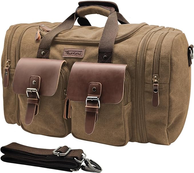 Wildroad 60L Travel Duffel Bag, Expandable Canvas Genuine Leather Duffle Bag Upgraded Overnight Weekender Bag Carry on Bag (Coffee, X Large-60L)