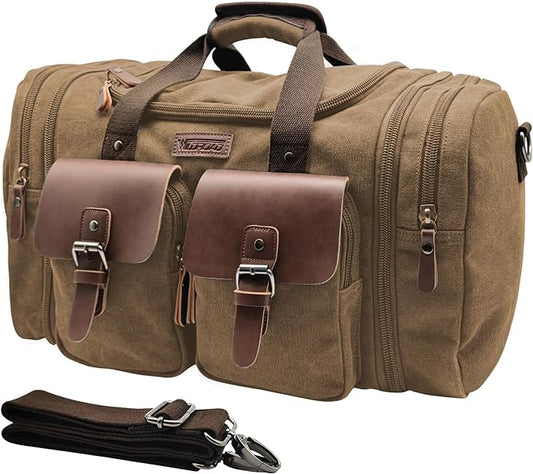 Wildroad 60L Travel Duffel Bag, Expandable Canvas Genuine Leather Duffle Bag Upgraded Overnight Weekender Bag Carry on Bag (Coffee, X Large-60L)