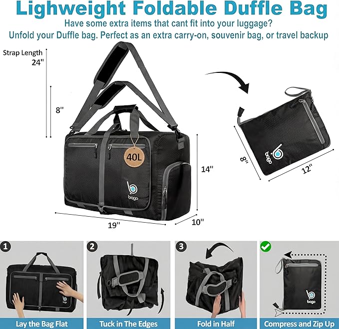 Bago Foldable Duffel Bags for Traveling Women & Men - 40L Sports Packable Duffle Bag for Travel with Shoe Compartment - Water Repellant, Heavy Duty, Lightweight Folding & Collapsible (Black)