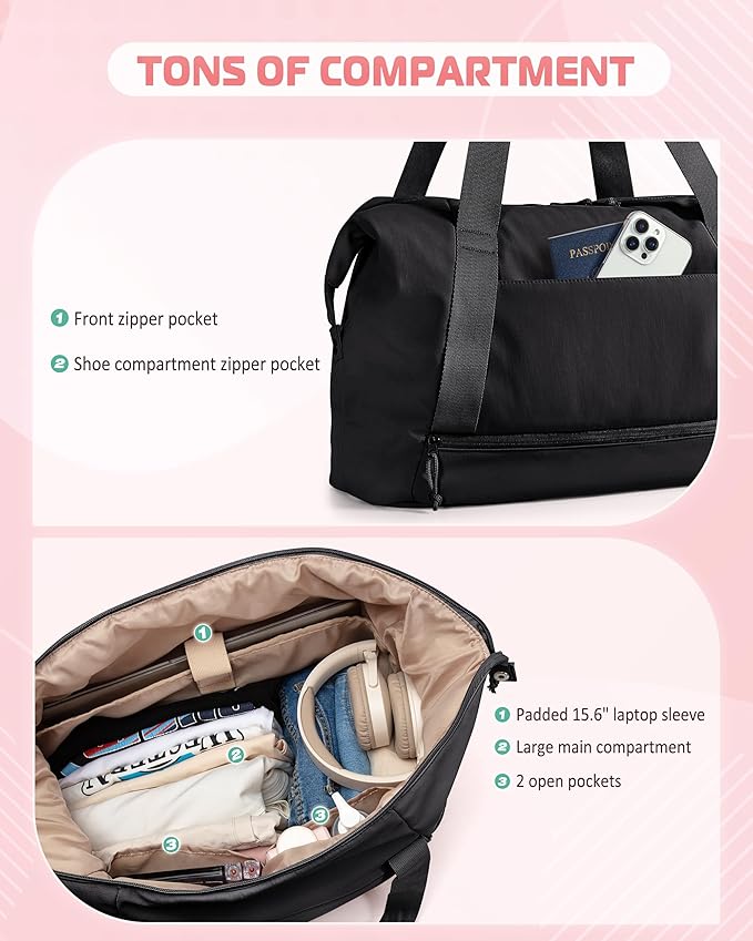 Travel Duffle Bag with Shoe Compartment and Laptop Sleeve for Women, Lightweight Weekender Duffel Bag for Travel, Gym, Hospital Labor Delivery, Black