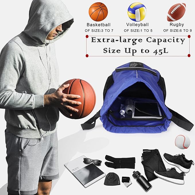 Basketball Backpack, 45 L Drawstring Sports Bag with Large Shoe Compartment and Wet Pockets for Women Men Gym Bag
