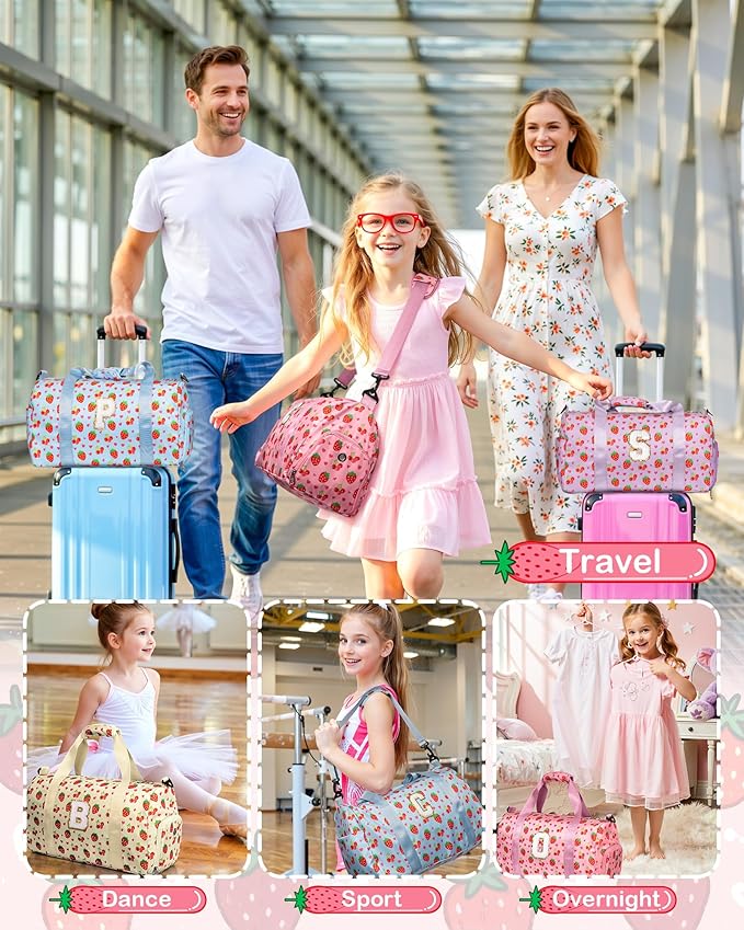 Cute Gifts for Girls, Travel Duffle Bag for Kids, Initial Overnight Sleepover Weekender Bag with Toiletry Bag, Birthday Valentine Gift Ideas for 4-8, 8-12, 13-16 Year Old Girls, Trendy Stuff