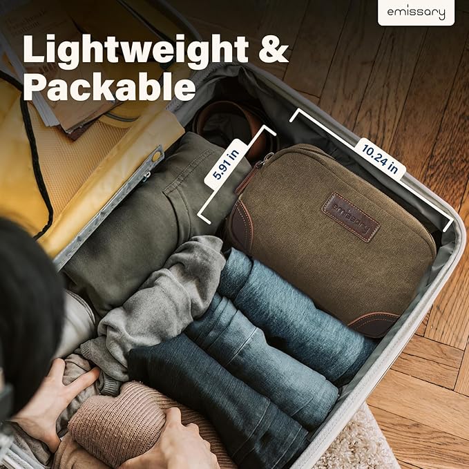 Emissary Men's Leather and Canvas Travel Toiletry Bag, Dopp Kit, Travel Bathroom Bag, Shaving Kit, Small Bags for Travel Accessories (Brown)