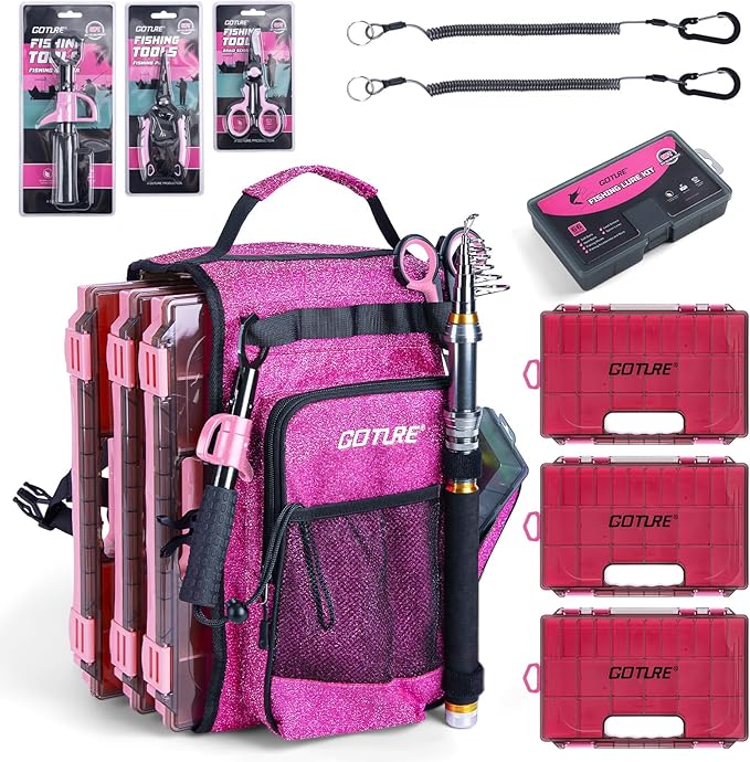 Goture OpenSide Tactical Sling Tackle Bag with 3 Tackle Trays,Lures & Fishing Tools, Lightweight Fishing Backpack Storage for Fishing Gear-Shimmering Pink Bag, Gift for Women