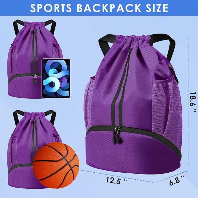 BROTOU Soccer Bags, Football Backpack, Volleyball Bag, Drawstring Backpack with Ball and Shoe Compartment, Football bags for Equipment Swim Gym Bag