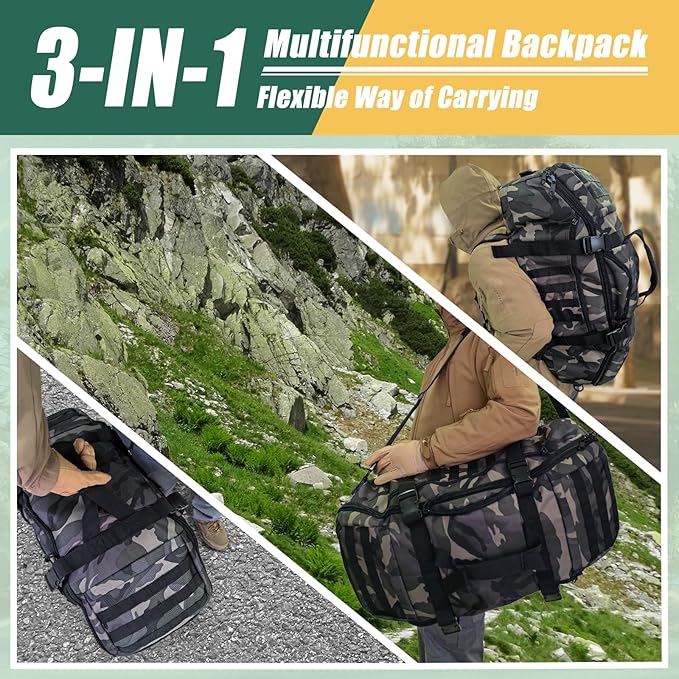 65L Large Travel Duffle Bag Military Tactical Backpack, Army Assault Pack Bug Out Bag Rucksack for Outdoor Sport Hiking Camping with Molle System