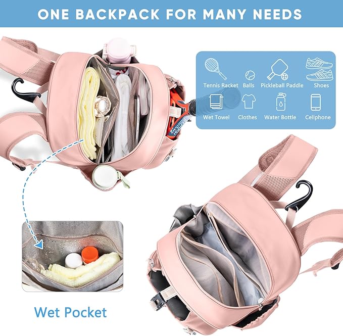 Tennis Backpack with 2 Rackets Holder, Water-Resistant PU Leather Tennis Racket Bag for Women & Men, Sling Crossbody Sports Backpack for Tennis, Pickleball & Badminton, Tennis Gifts