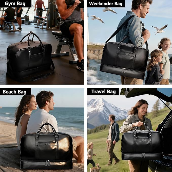Weekender Bag for Women Men, Large Overnight Bag Faux Leather Travel Duffel Bag with Shoe Compartment Toiletry Packing Cube Carry On Bag Fit 21" Laptop 3Pcs Set (4PCS Black)