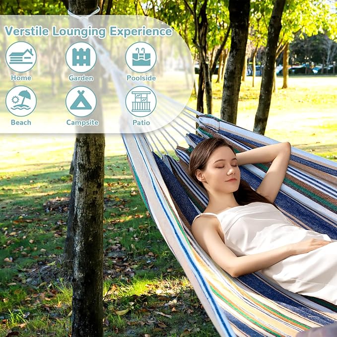 Portable Hammock, 500 lbs Capacity, Multi-Color Stripes, with Tree Straps and Carrying Bag, Suitable for Outdoor, Indoor, Hiking, Beach, Backpacking, Camping Essential Equipment