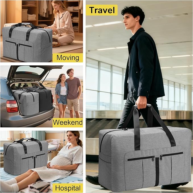 120L Large Duffle Bag for Travel, Packable Foldable Duffel Bag for Men Women Camping Weekend Overnight Moving, Water Repellent & Tear Resistant (120L, Gray)