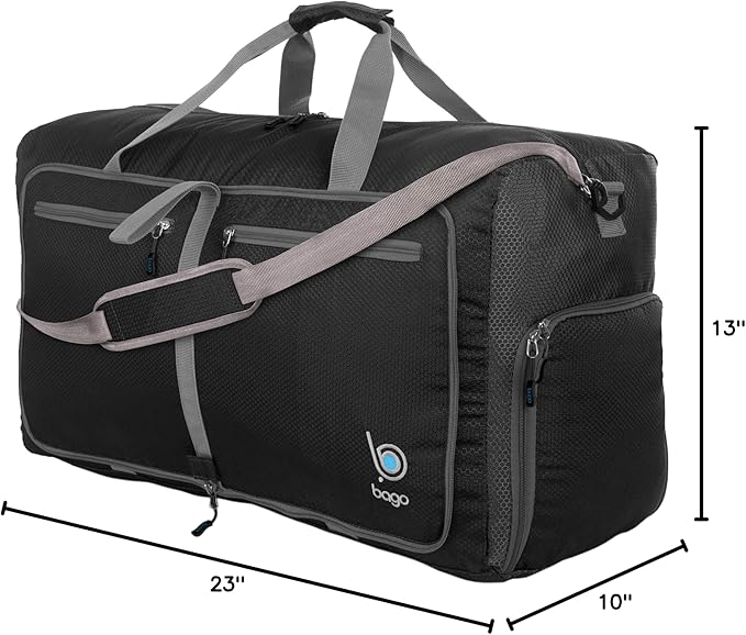 Bago Foldable Duffel Bags for Traveling Women & Men - 60L Medium Packable Duffle Bag for Travel with Shoe Compartment - Water Repellant, Heavy Duty, Lightweight Folding & Collapsible (Black)