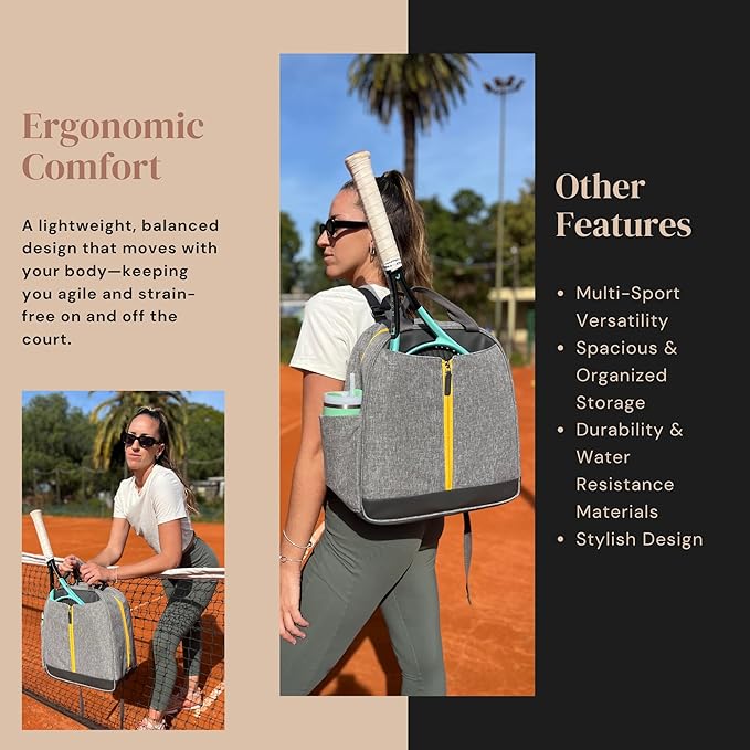 AYRES Tennis Backpack - Spacious Womens Tennis, Padel & Pickleball Bag | Quick-Access Racket Compartment (Fits 2) | Designer Tennis Bag, Water-Resistant & Easy To Clean, Makeup Pouch Included