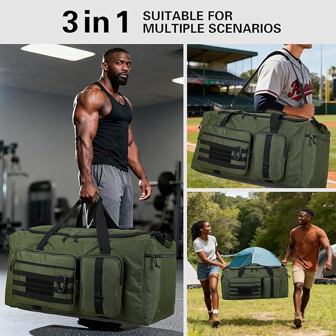 120L Extra Large Gym Duffle Bag for Men Women 32" Heavy Duty Duffel Bags for Travel with Shoes Compartment Tactical Sports Gym Equipment Bag for Football Baseball & Training, Upgraded Green