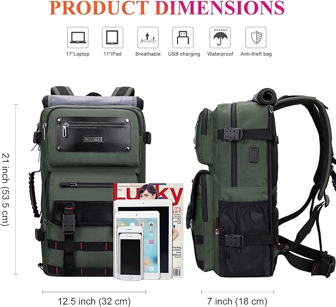 WITZMAN Carry On Travel Backpack for Men Duffle Bags Fit 17 Inch Laptop Airline Approved Laptop Backpack(B685 Army Green)