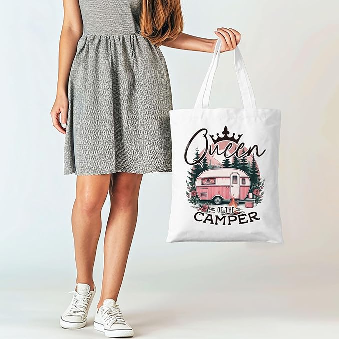 Queen of the Camper Tote Bag, RV Life Canvas Bag for Camping Moms, Funny Road Trip Gift for Travel Lovers, Durable Reusable Shopper for Glamping & Outdoor Adventures. (110)