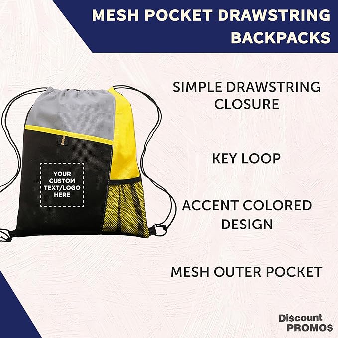 DISCOUNT PROMOS Custom Non-Woven Drawstring Backpacks Set of 10/50/100, Personalized Bulk Pack