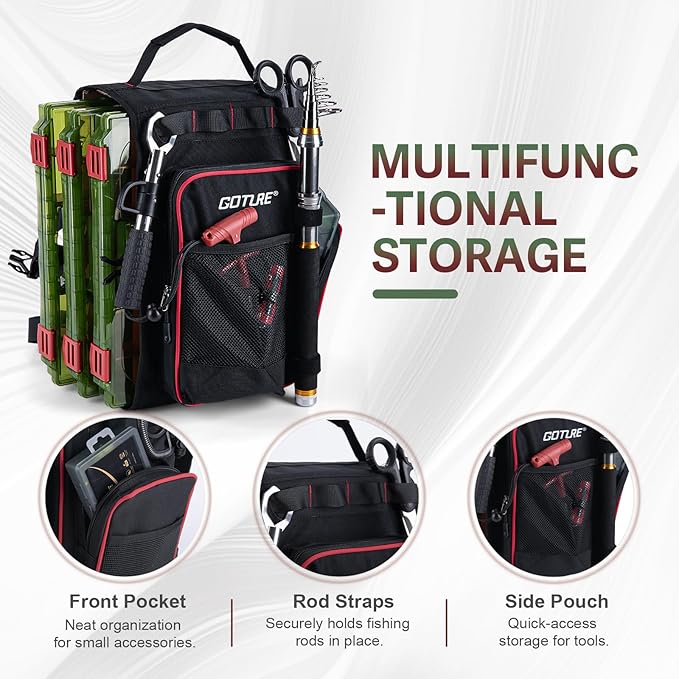 Goture OpenSide Fishing Sling Tackle Storage Bag with 3 3700 Tackle Boxes, Lightweight Fishing Backpack Storge Fishing Gear - Black Bag for Fishing,Gift for men