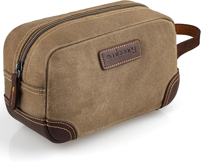 Emissary Men's Leather and Canvas Travel Toiletry Bag, Dopp Kit, Travel Bathroom Bag, Shaving Kit, Small Bags for Travel Accessories (Brown)