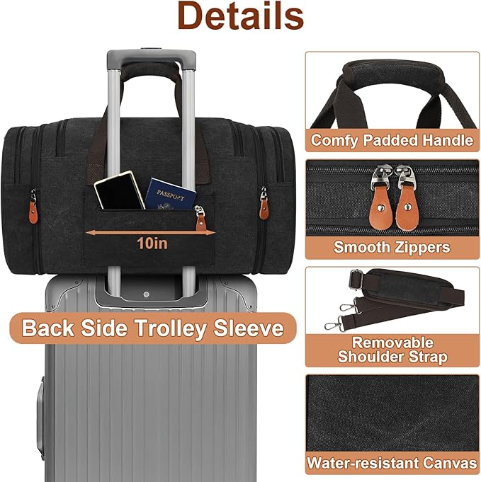 Canvas Mens Duffle Bag for Travel - Expandable 50L Weekender Bags with Toiletry Bag, Overnight Bag Travel Duffel Carry On Luggage with Removable Shoulder Strap, Durable & Water-Resistant
