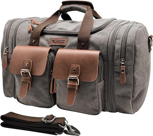Wildroad 50L Travel Duffel Bag, Expandable Canvas Genuine Leather Duffle Bag Upgraded Overnight Weekender Carry on Bag