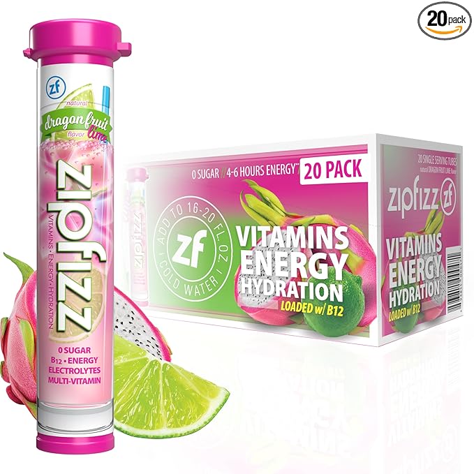 Zipfizz Daily Energy Drink Powder, Dragon Fruit Lime, 20 Pack | 3-in-1 Sustained Energy, Rapid Hydration, and Essential Vitamins | Sugar-Free | Electrolyte Powder | Contains Vitamin B-12 & Antioxidants