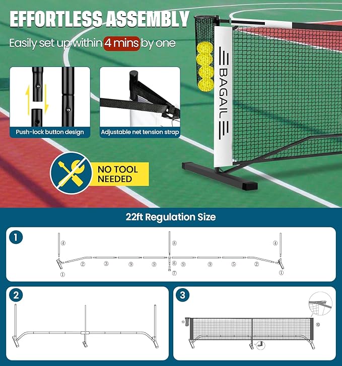 BAGAIL Portable Pickleball Net Set, 22 FT Regulation Size Pickle Ball Net with Ball Collector, 4 Balls and Carry Bag, Easy Setup for Outdoor Indoor Driveway