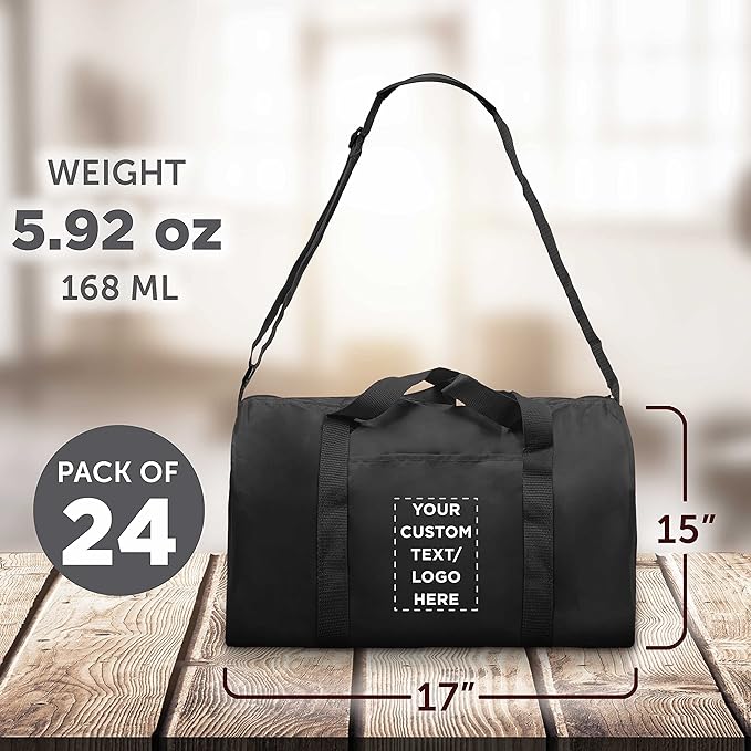 24 Sporty Duffle Bags Set - Customizable Text, Logo - Polyester, Adjustable Strap, Front Pocket, Roll Styling - Black