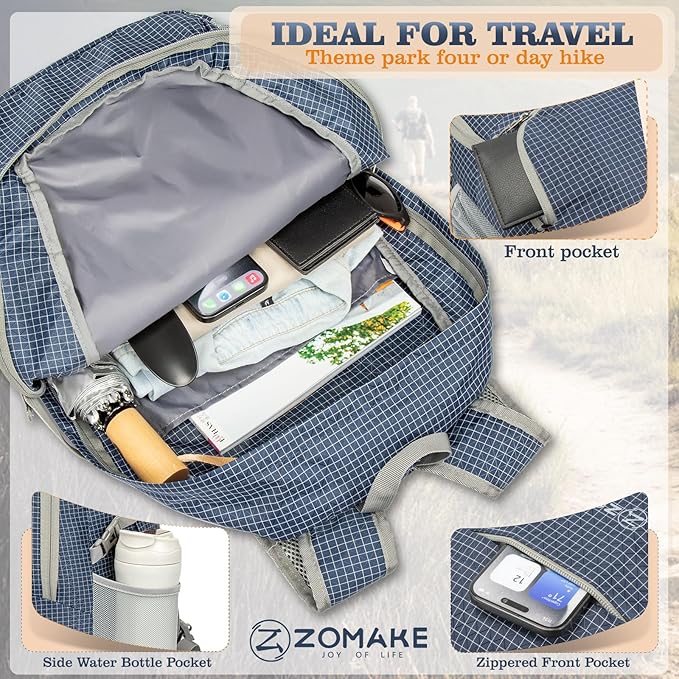 ZOMAKE Lightweight Packable Backpack 30L, Foldable Hiking Backpacks Water Resistant Compact Folding Daypack for Travel(Plaid Royal Blue)