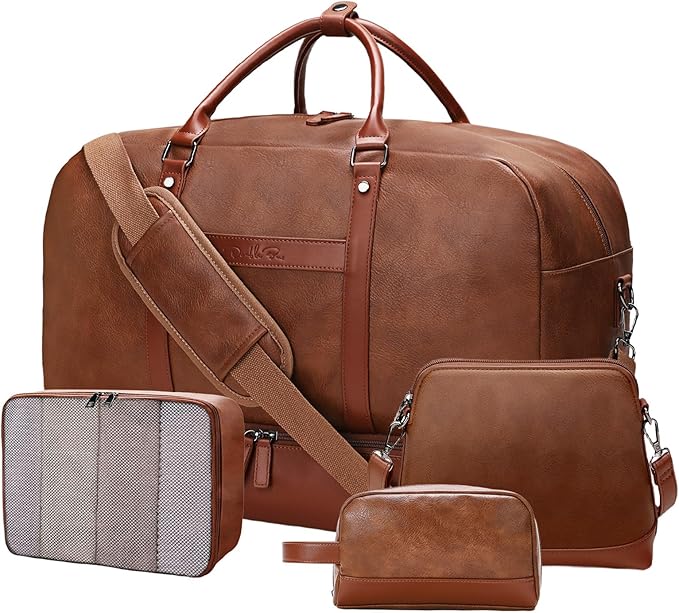 Weekender Bag for Women Men, Large Overnight Bag Faux Leather Travel Duffel Bag with Shoe Compartment Toiletry Packing Cube Carry On Bag Fit 21" Laptop 3Pcs Set (4PCS Brown)