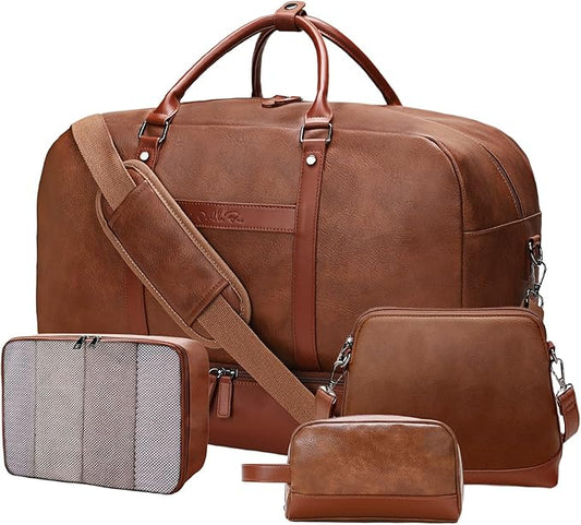 Weekender Bag for Women Men, Large Overnight Bag Faux Leather Travel Duffel Bag with Shoe Compartment Toiletry Packing Cube Carry On Bag Fit 21" Laptop 3Pcs Set (4PCS Brown)