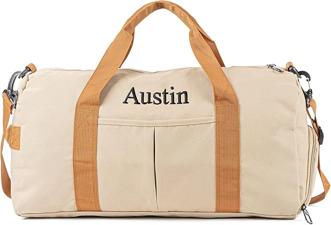 Duffle Bag for Men Personalized Overnight Bags Travel Bag with Durable Canvas Weekender Overnight Bag with Shoe Compartment Custom Groomsmen Gift for Travel Gym Storage Camping Moving (Khaki)